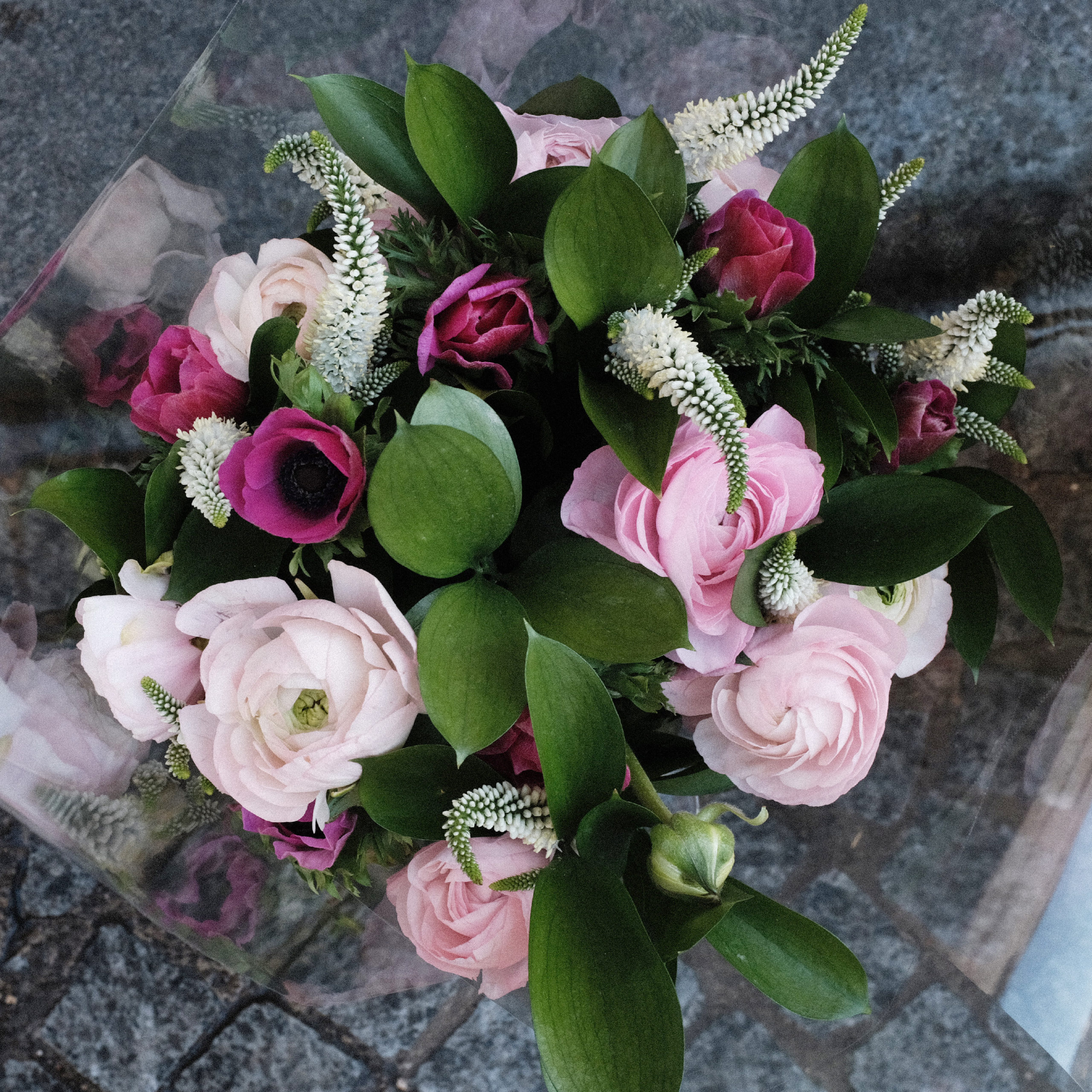 Composition de fleurs fraîches et emballage cello (renoncules roses, anémones roses, véronique blanche, ruscus), valeur 30€